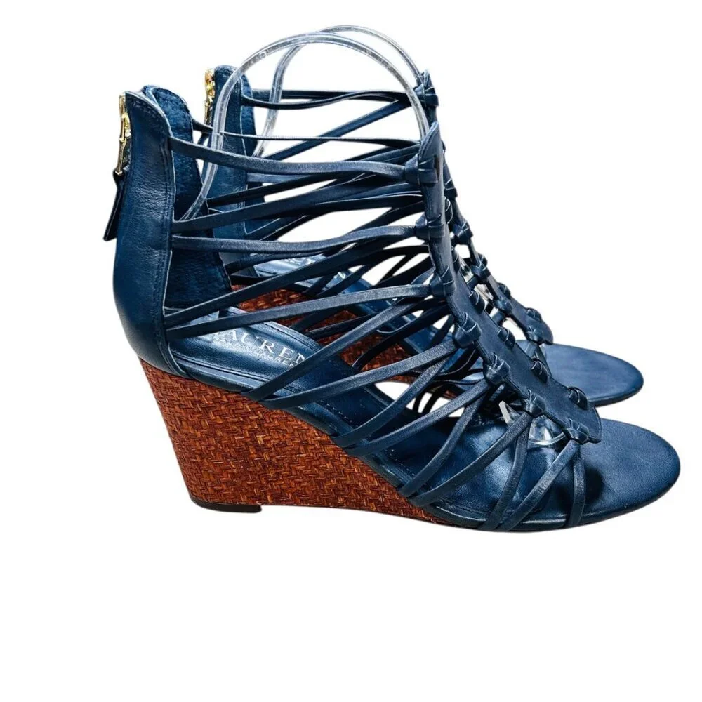 Ralph Lauren Alexandrea Caged Wedge Sandal 8 Navy Preppy Strappy Woven Coastal B